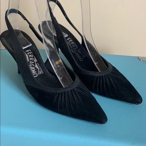Salvatore Ferragamo Black Suede Croc Slingbacks